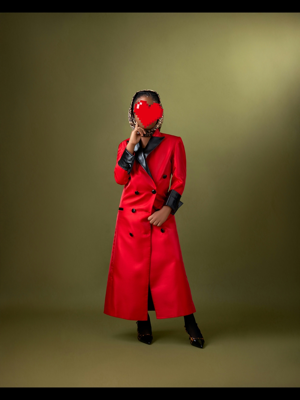 Red Satin Double-Breasted Coat with Black Lapel